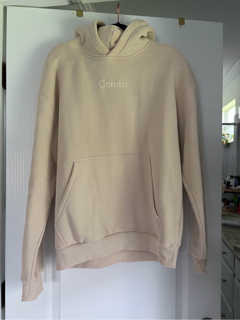 Comfrt Logo Hooded Sweatshirt and straight sweat pants in tan/taupe medium